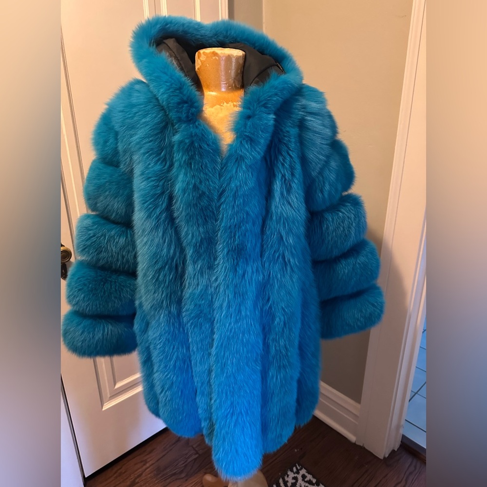 Regina Vibrant Blue Fox Fur, Leather Coat Stunning!
